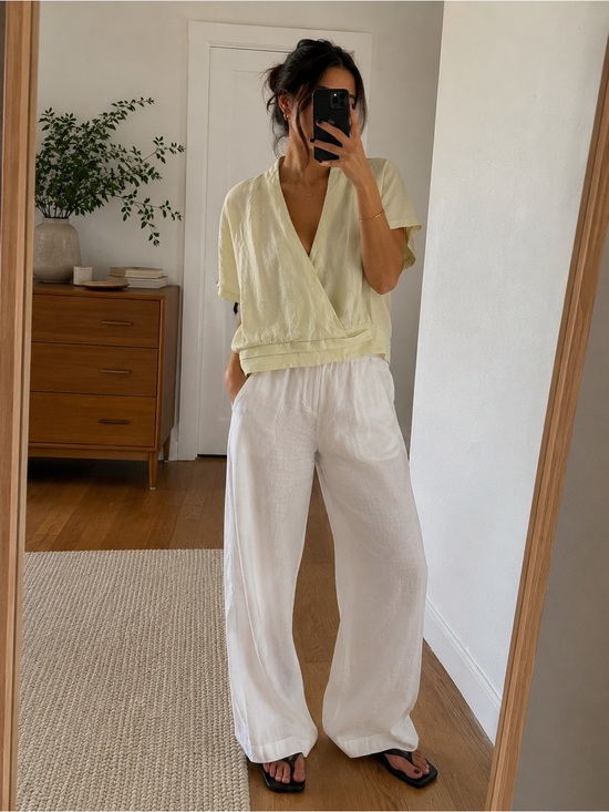 Babaton Tops - Aritzia Babaton Pale Yellow Linen V-neck Wrap Top